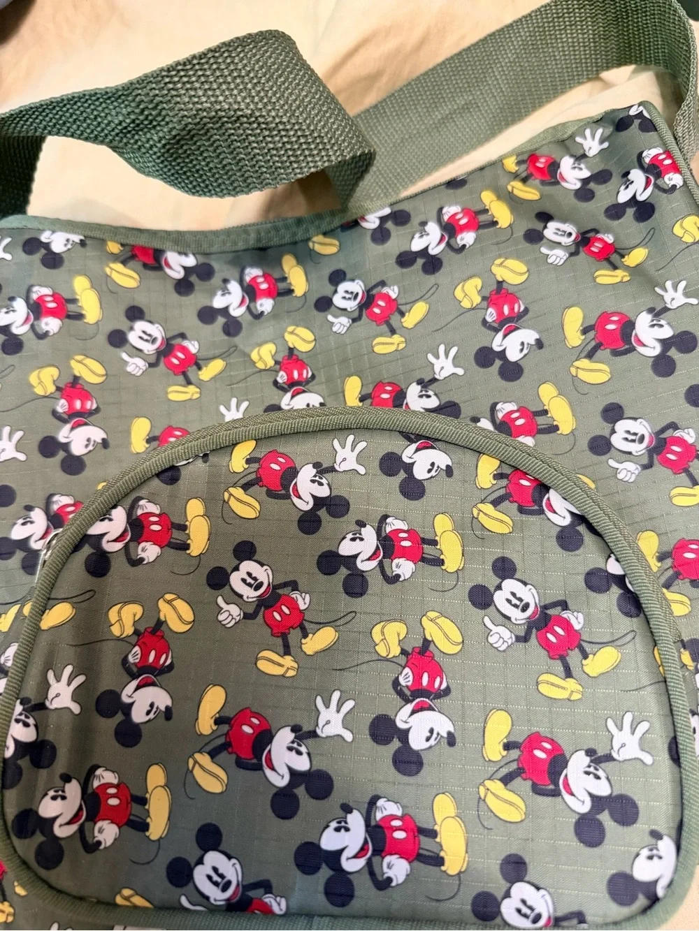 Vintage Disney Mickey Mouse Olive Green Nylon Shoulder Bag & Matching Pouch Set